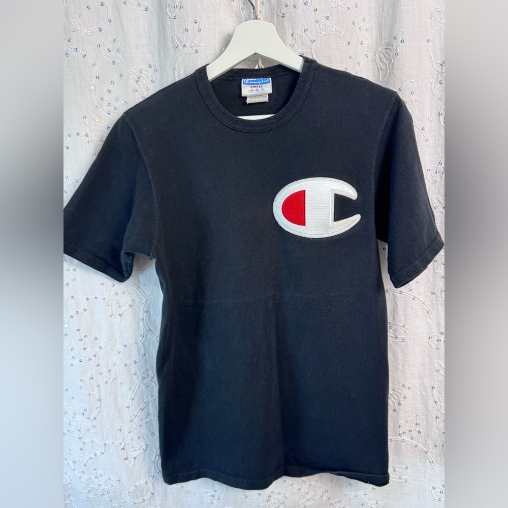 Champion C Logo Tee – Embroidered Chest & Sleeve – Size Small